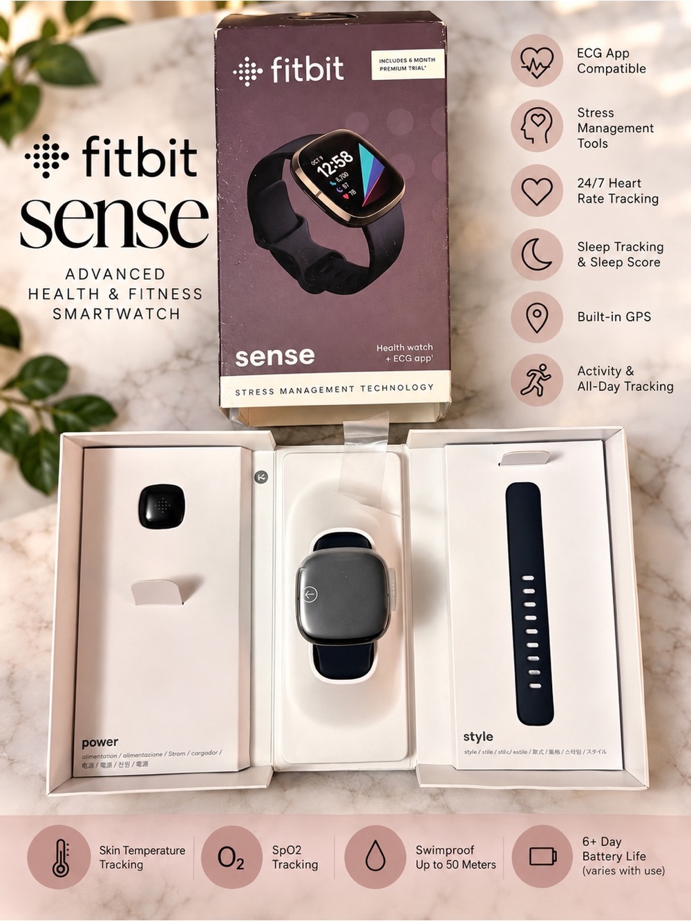 Fitbit Sense Advanced Health Smartwatch Carbon Graphite GPS ECG